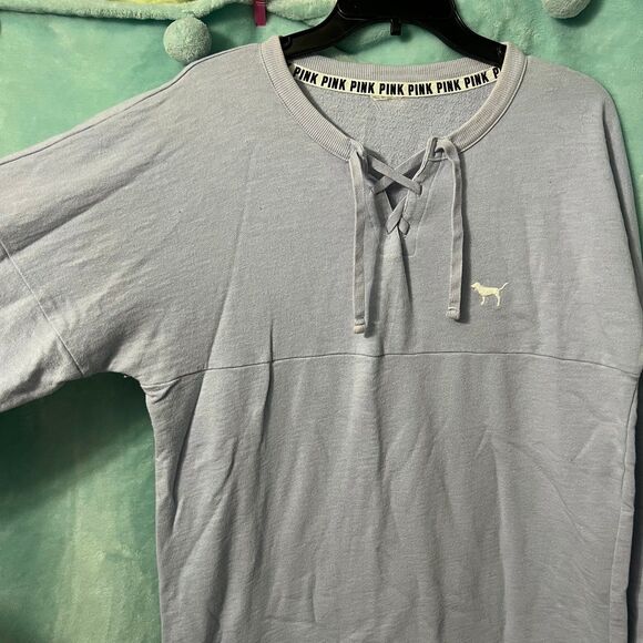 VS PINK Tropical Floral Lace Up Varsity Crew Sweater Long Sleeve Blue Large - Picture 4 of 5